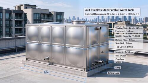 最新の会社の事例について 15,000L 304 Stainless Steel Potable Water Tank for Commercial Apartment Rooftop Water Supply