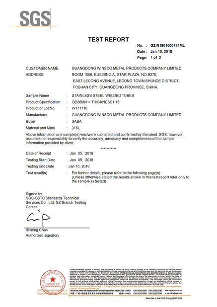 中国 (GuangDong)Foshan Winsco Metal Products Co., Ltd. 認証
