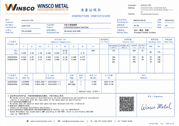 中国 (GuangDong)Foshan Winsco Metal Products Co., Ltd. 認証