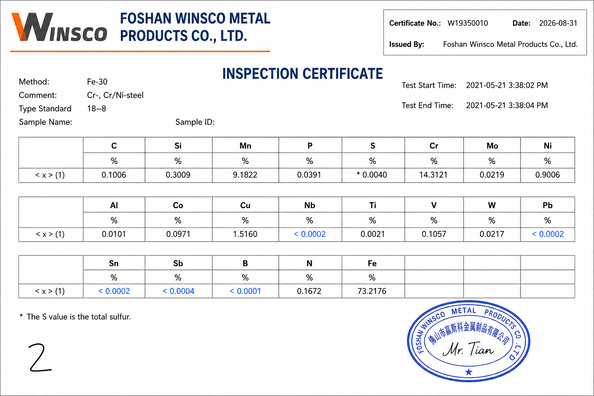 中国 (GuangDong)Foshan Winsco Metal Products Co., Ltd. 認証