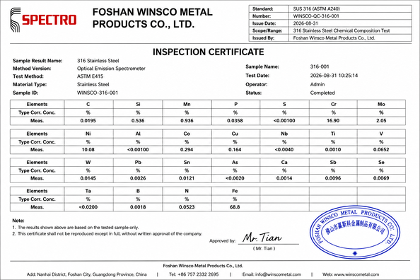 中国 (GuangDong)Foshan Winsco Metal Products Co., Ltd. 認証