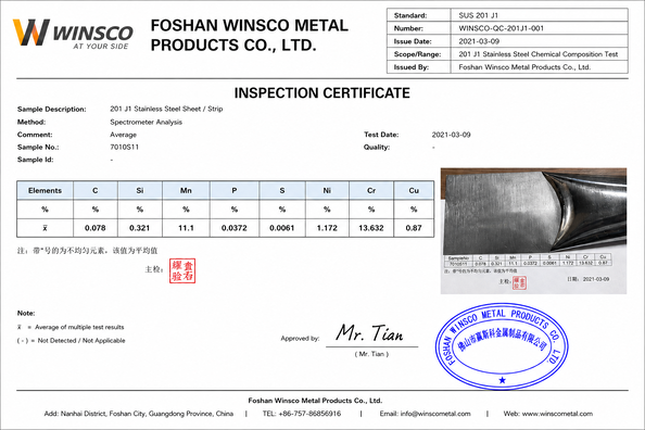 中国 (GuangDong)Foshan Winsco Metal Products Co., Ltd. 認証