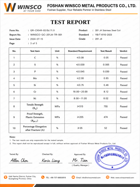 中国 (GuangDong)Foshan Winsco Metal Products Co., Ltd. 認証